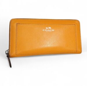 Coach Orange Leather Zip Around Wallet Stagecoach Logo